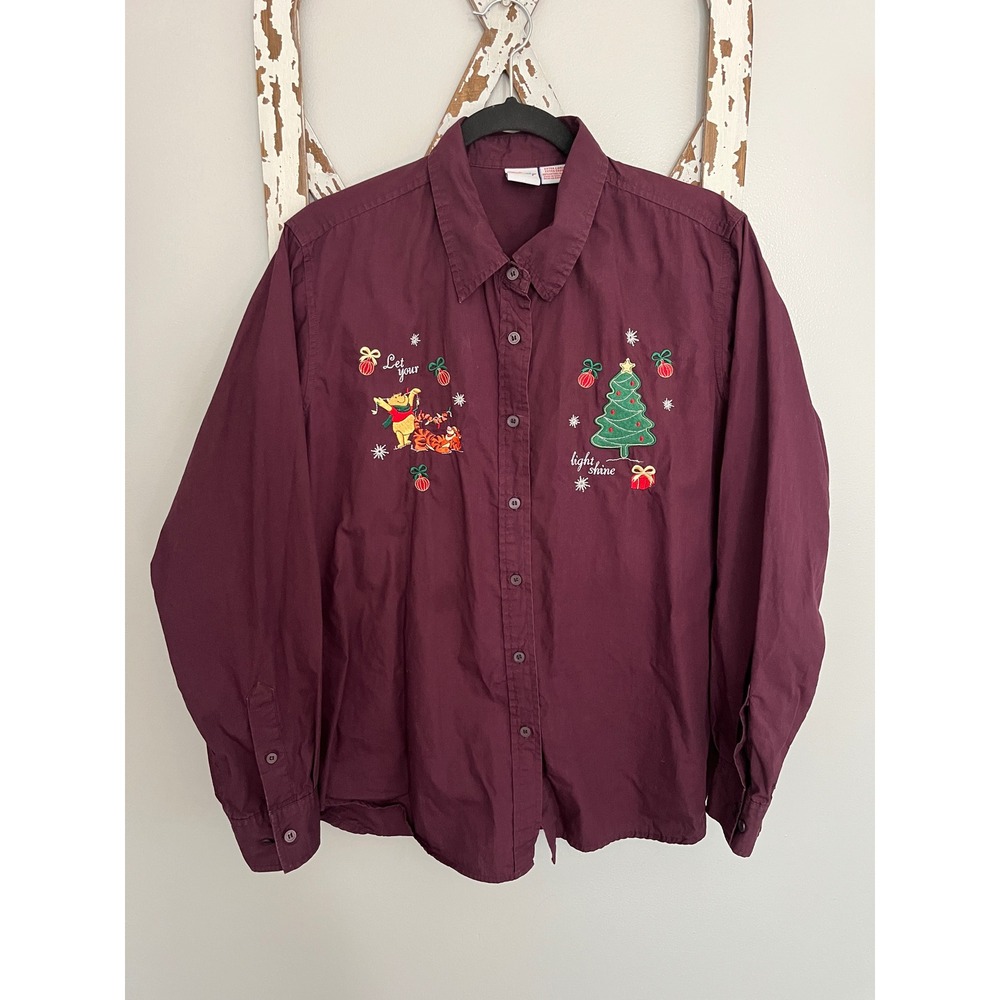 Disney Winnie The Pooh Embroidered Christmas Button Down Maroon Blouse size XL